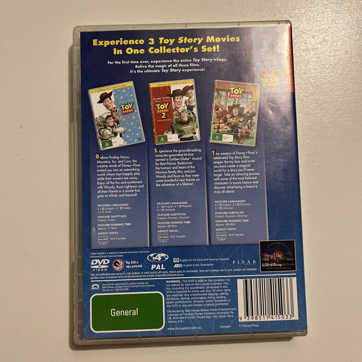 Toy Story / Toy Story 2 / Toy Story 3 (DVD, 2010, 3-Disc) Region 4