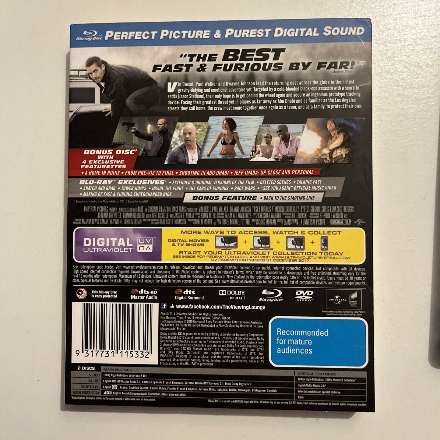 The Fate Of The Furious / Fast & Furious 7 (Blu-ray, 2019, 3-Disc) Region B