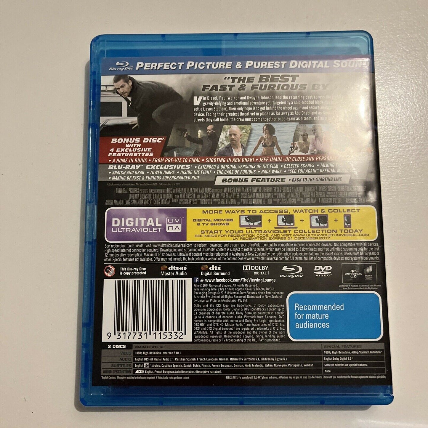 The Fate Of The Furious / Fast & Furious 7 (Blu-ray, 2019, 3-Disc) Region B