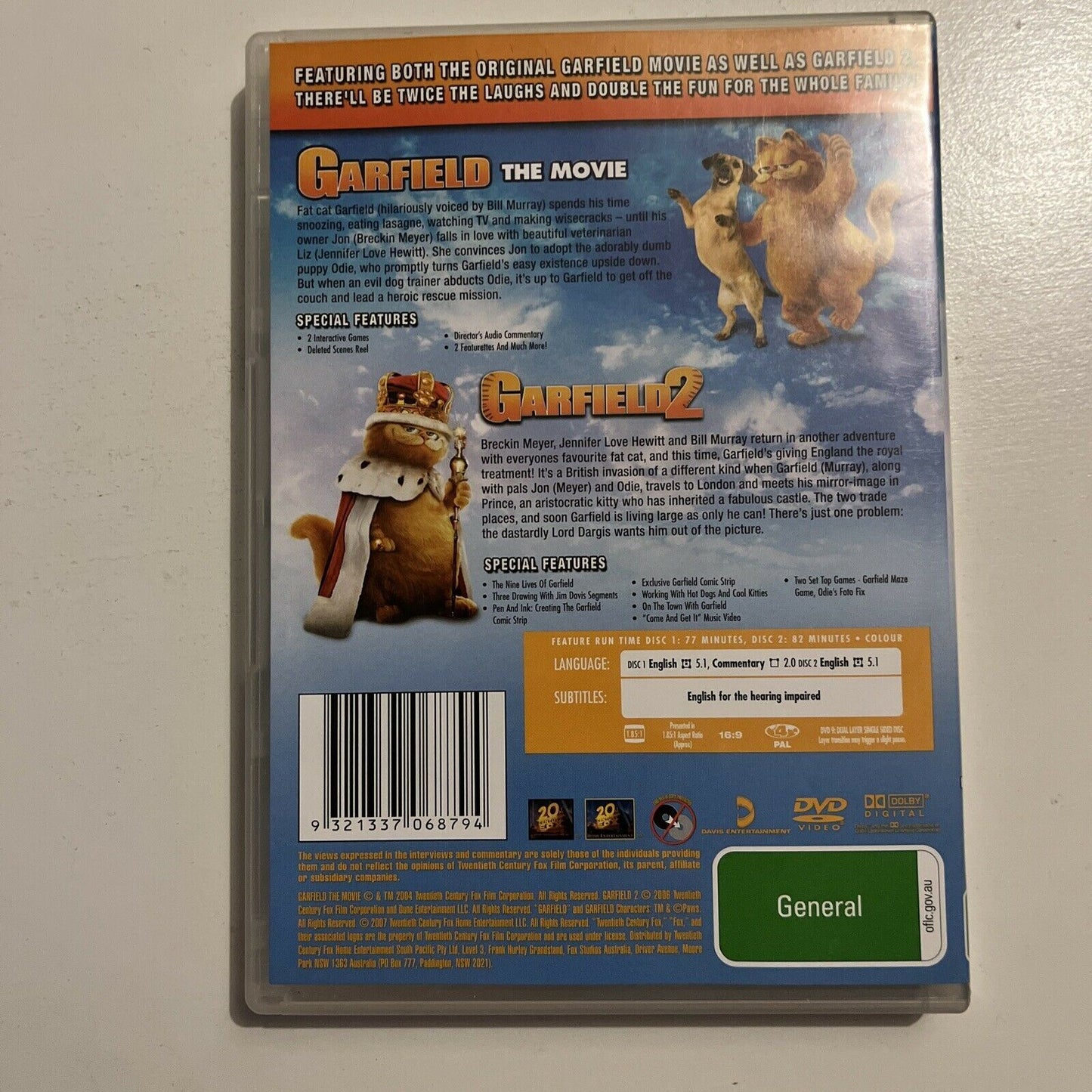 Garfield / Garfield 2 (DVD, 2007, 2-Disc) Bill Murray Region 4