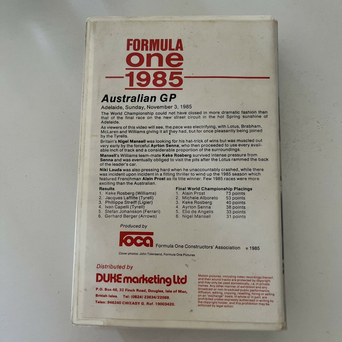 Australian Grand Prix Formula One 1985 Adelaide (VHS, 1985) PAL