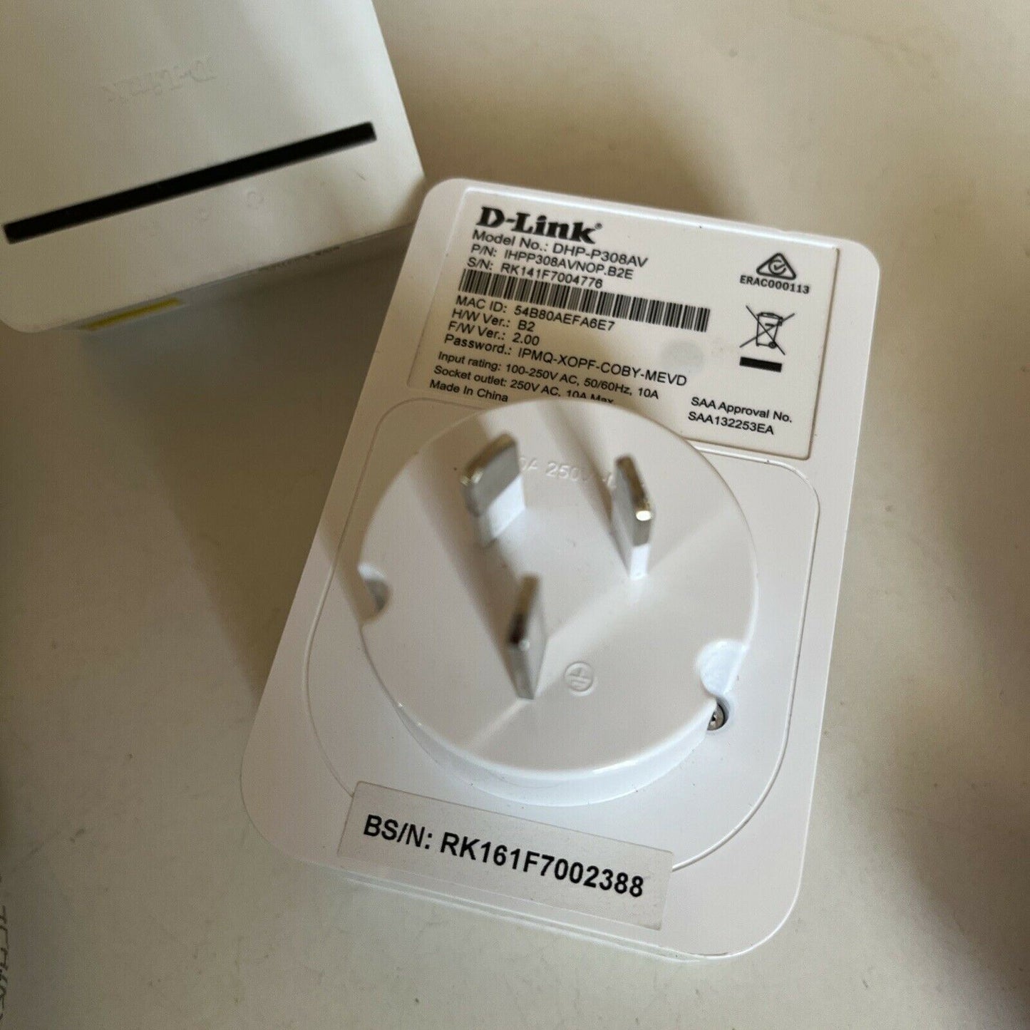 2x D-Link DHP-P308AV Powerline Adapter Ethernet Cables