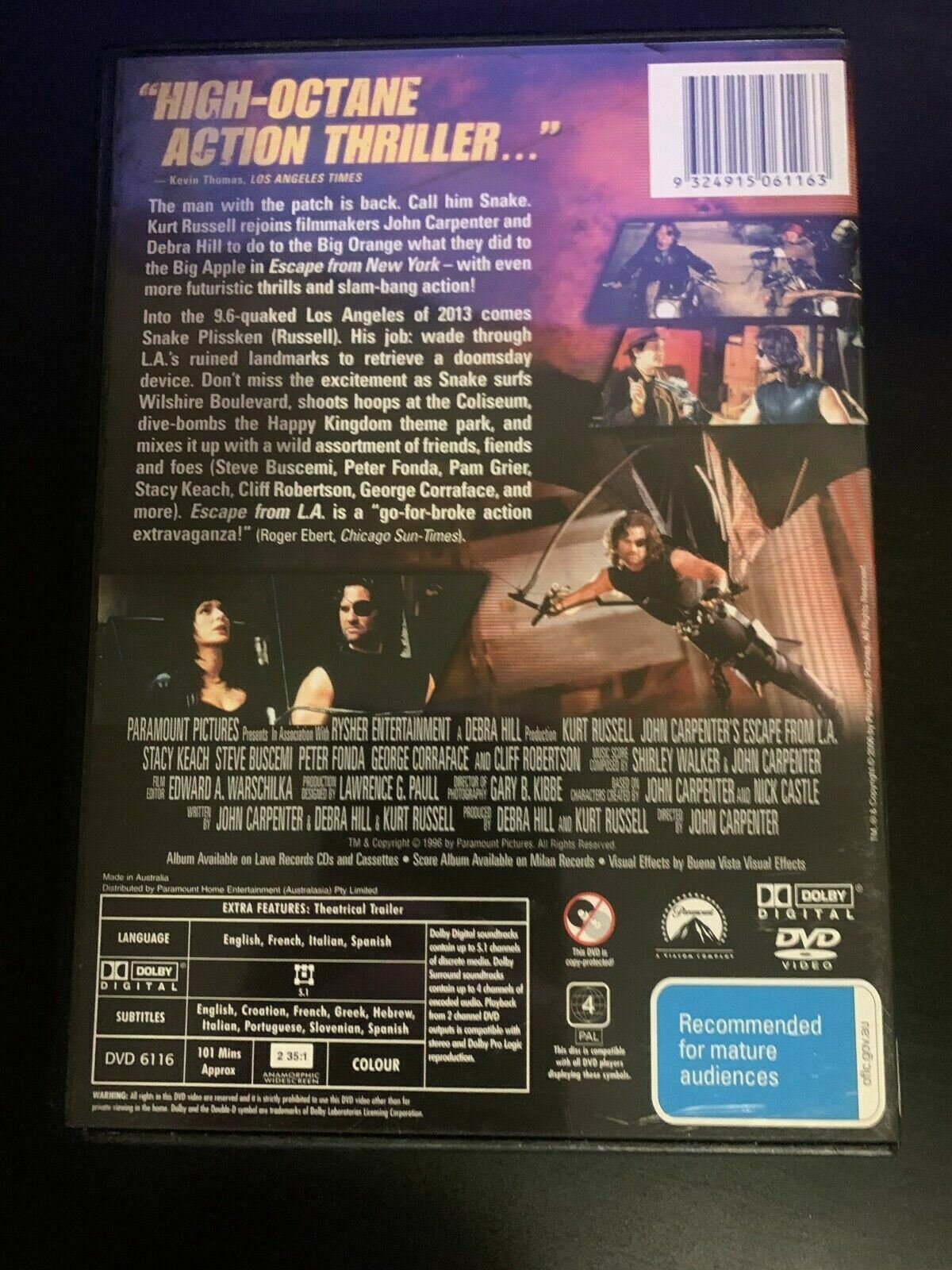 Escape From L.A. (DVD, 1996) Kurt Russell, A.J. Langer, Steve Buscemi. Region 4