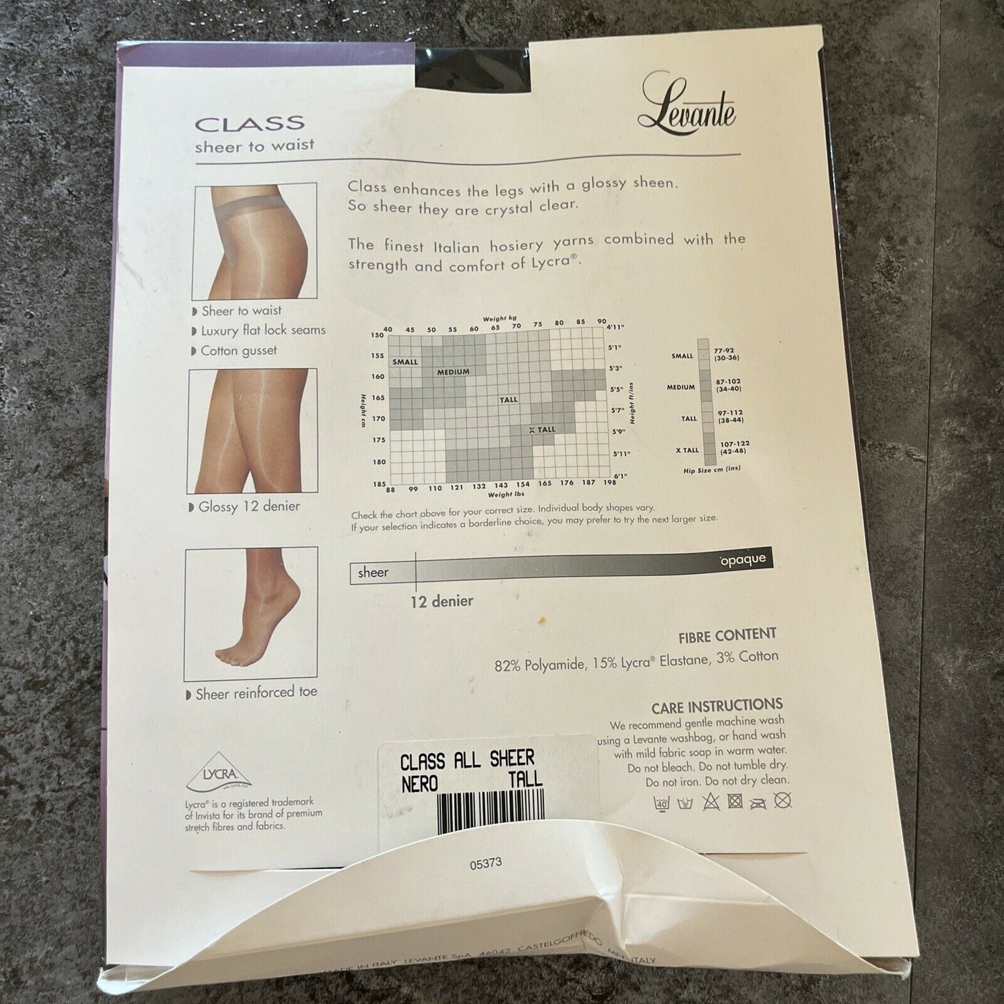 Levante Class Pantyhose - Sheer To Waist 12 Denier Nero Tall