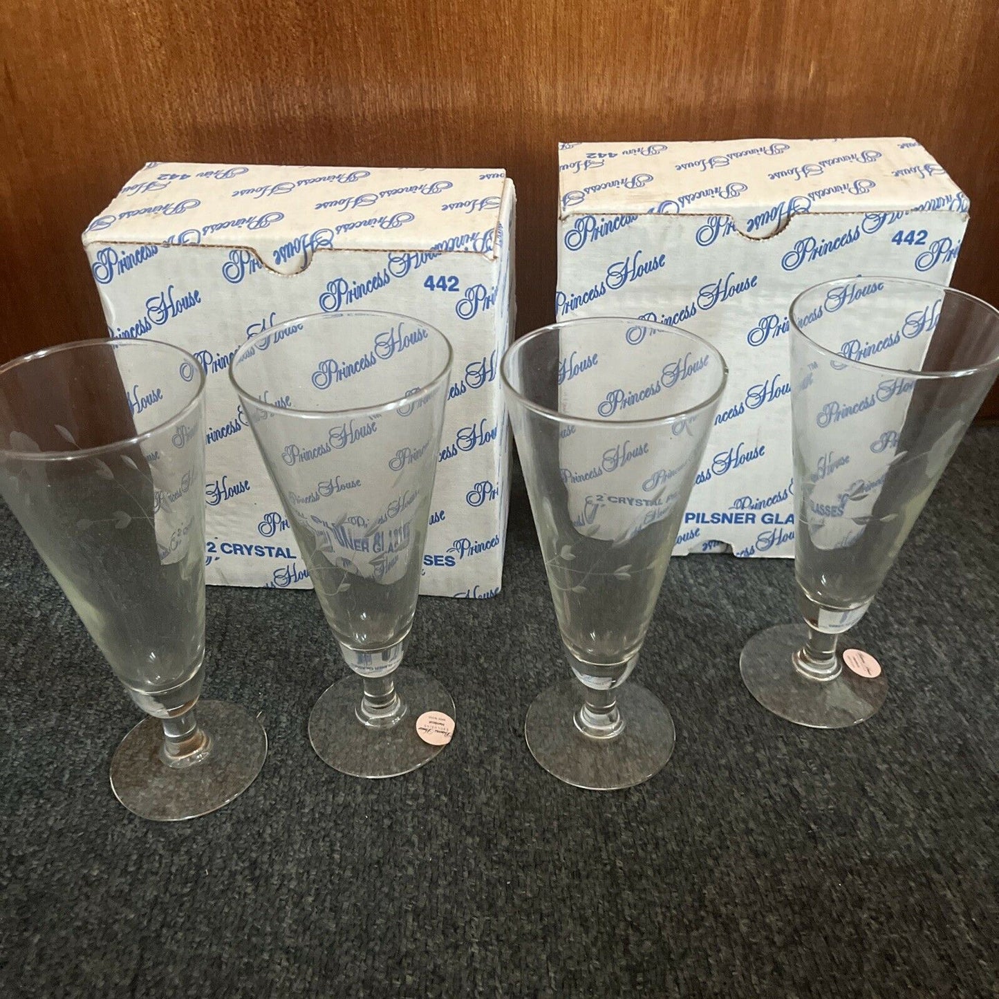 *New* 4x Princess House Crystal Pilsner Glasses 1992 - Made In USA 442