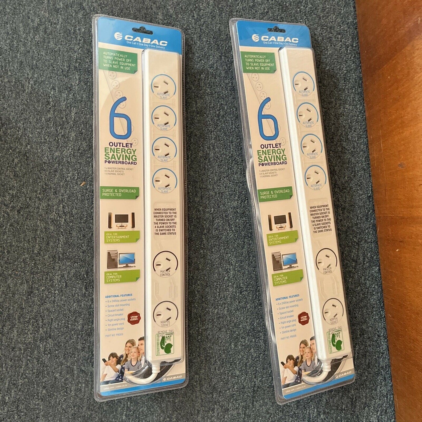 2x Cabac Powerboard SP Green Energy Saving 6 Way Surge Overload Protection *New*