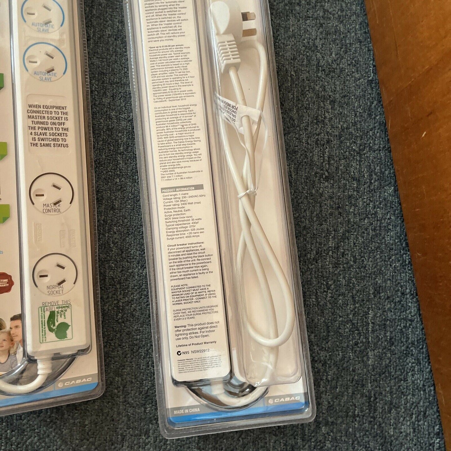 2x Cabac Powerboard SP Green Energy Saving 6 Way Surge Overload Protection *New*