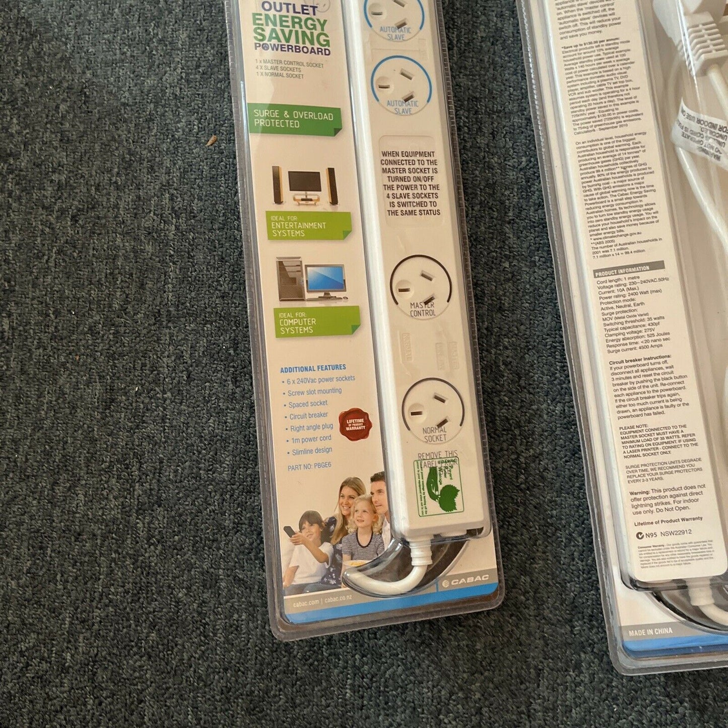 2x Cabac Powerboard SP Green Energy Saving 6 Way Surge Overload Protection *New*