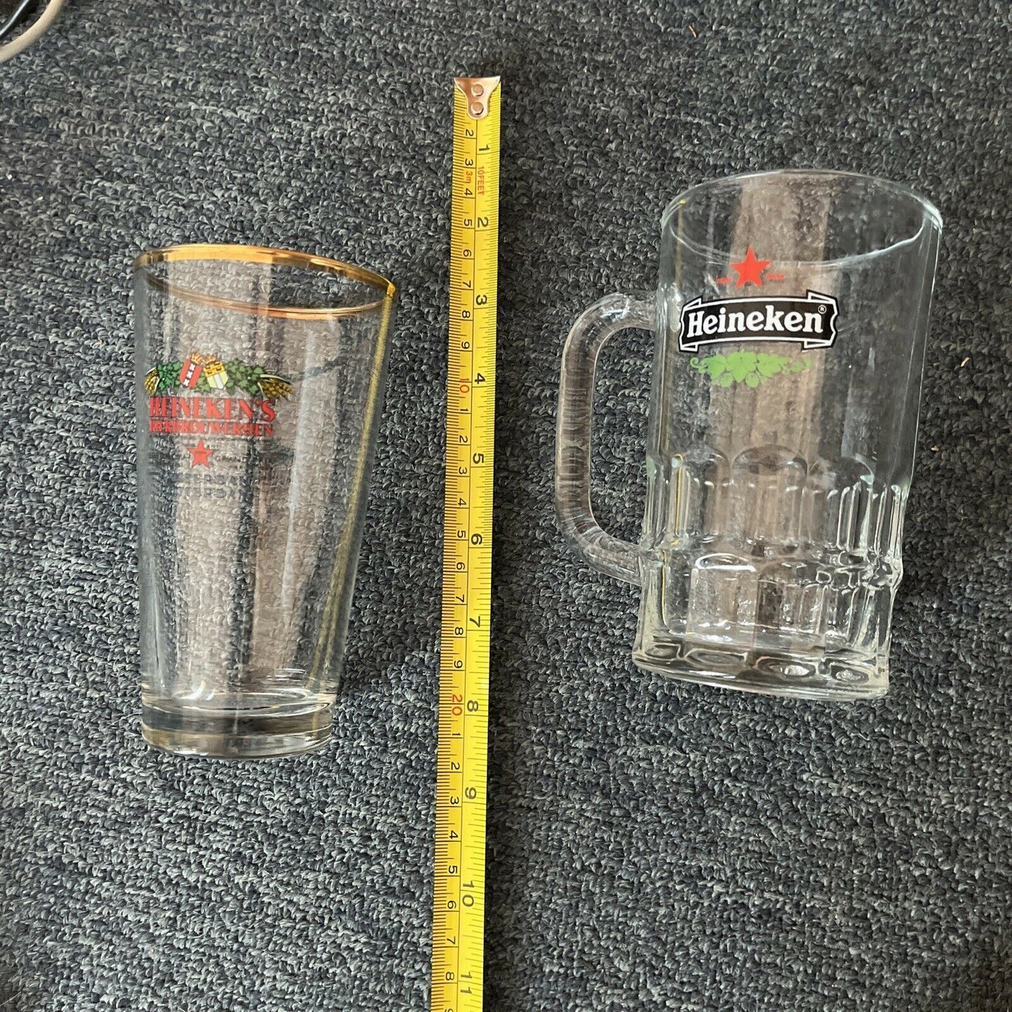 9x Heineken Drinking Glasses 13cm Tall