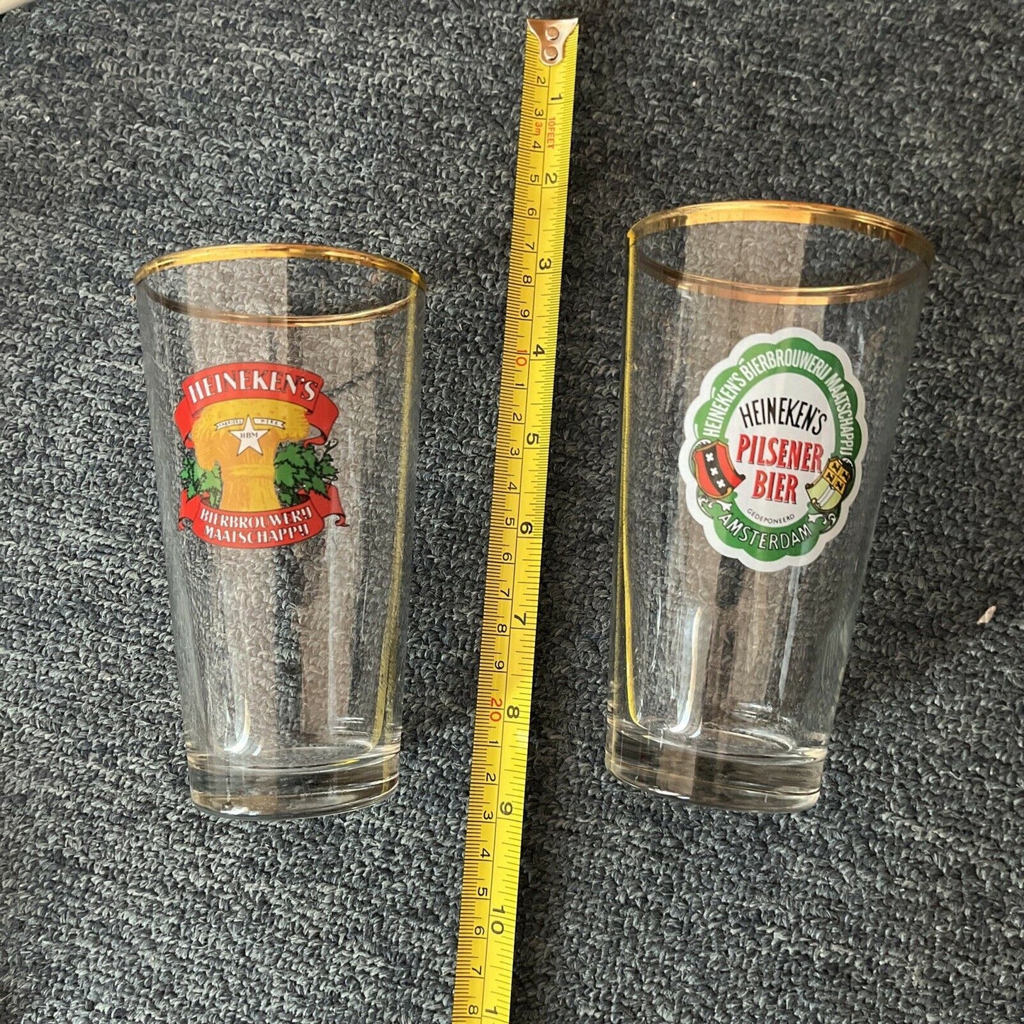 9x Heineken Drinking Glasses 13cm Tall