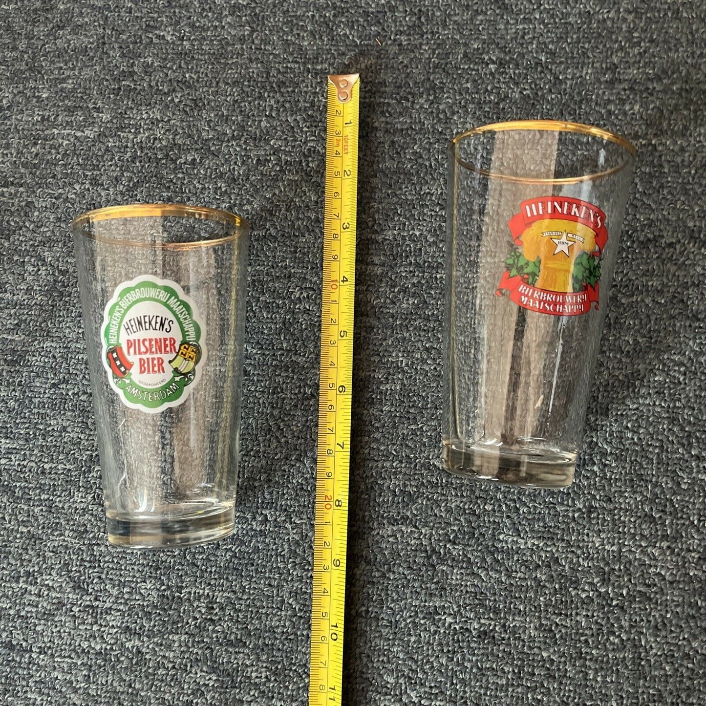 9x Heineken Drinking Glasses 13cm Tall