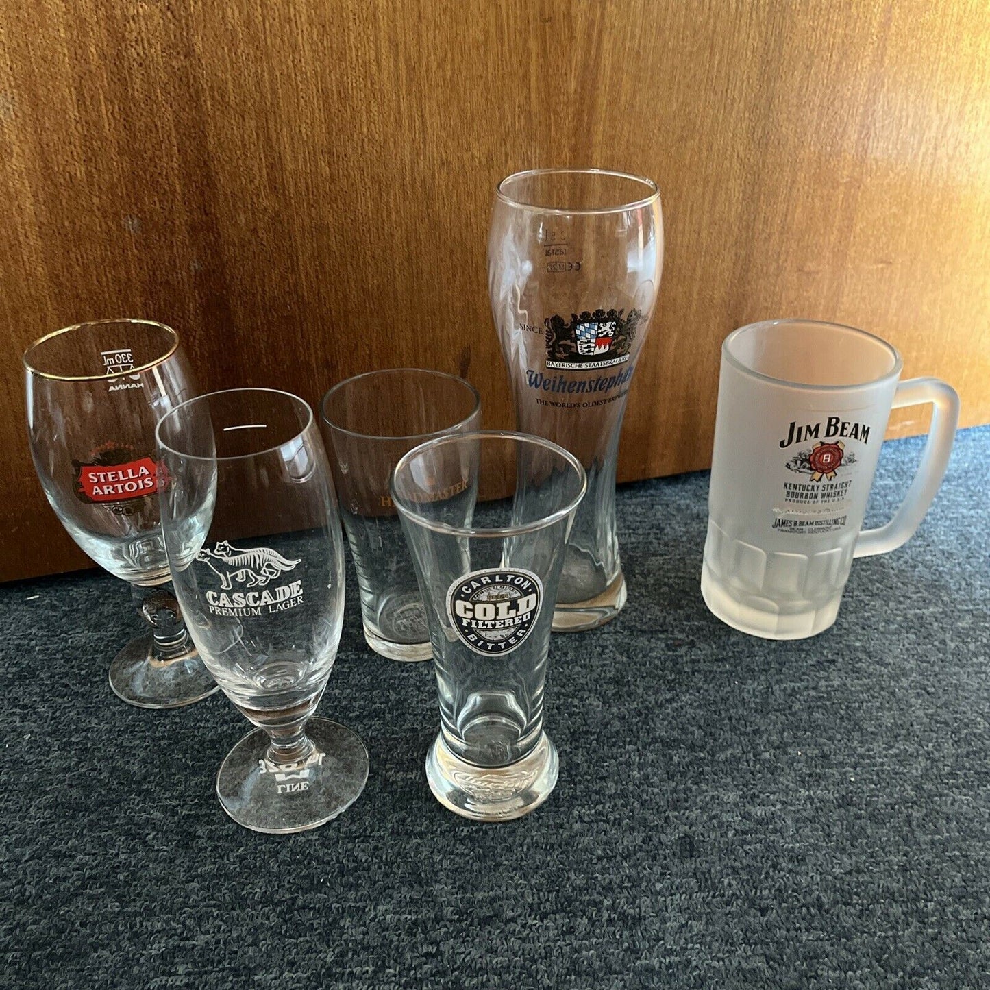 6x Beer Glasses: Weihenstephan, Jim Beam, Carlton Bitter, Cascade, Stella Artois