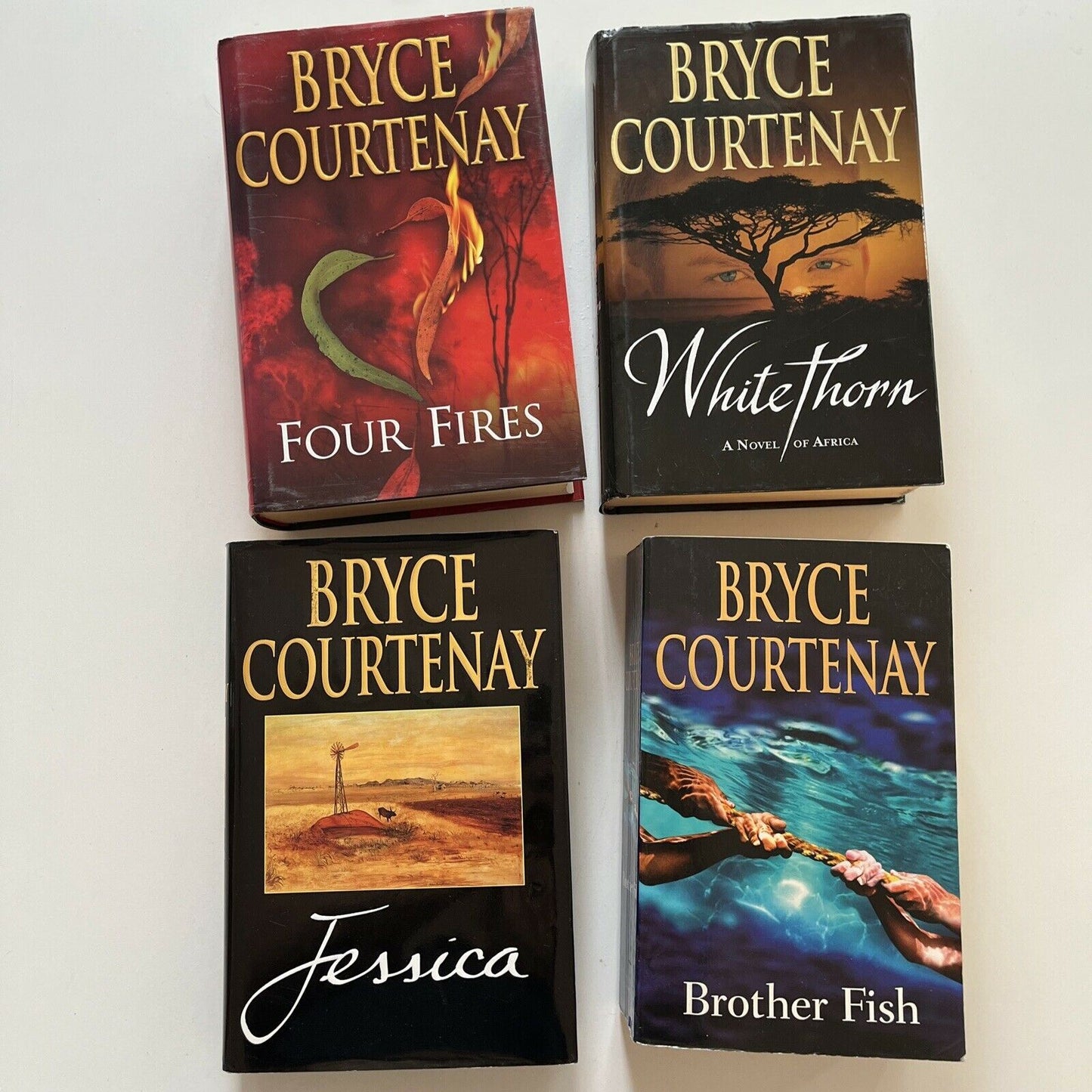 4x Bryce Courtenay Books: Four Fires, Whitethorn, Jessica, Brother Fish