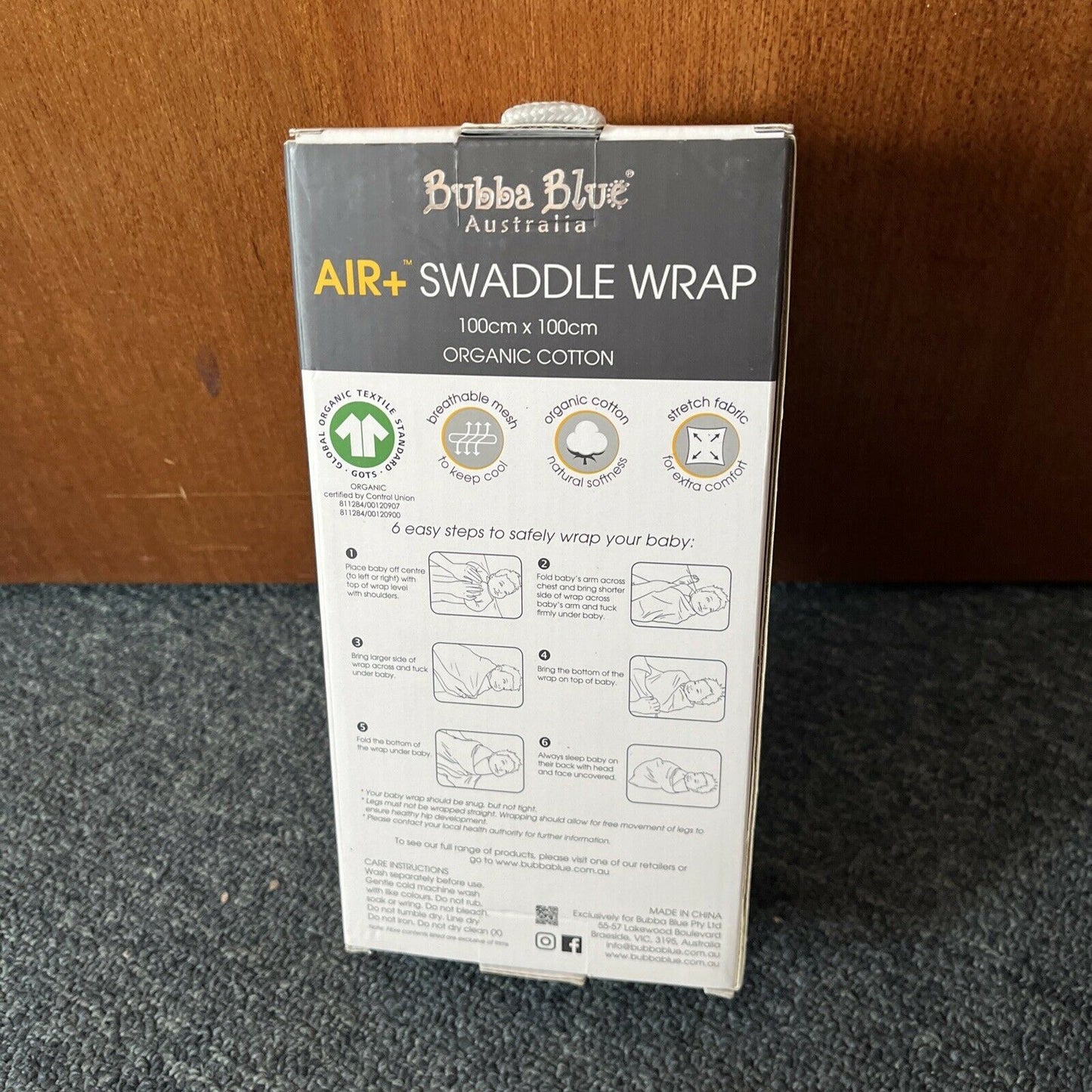 Bubba Blue Air+ Swaddle Wrap Organic Cotton Mesh 100x100cm Grey