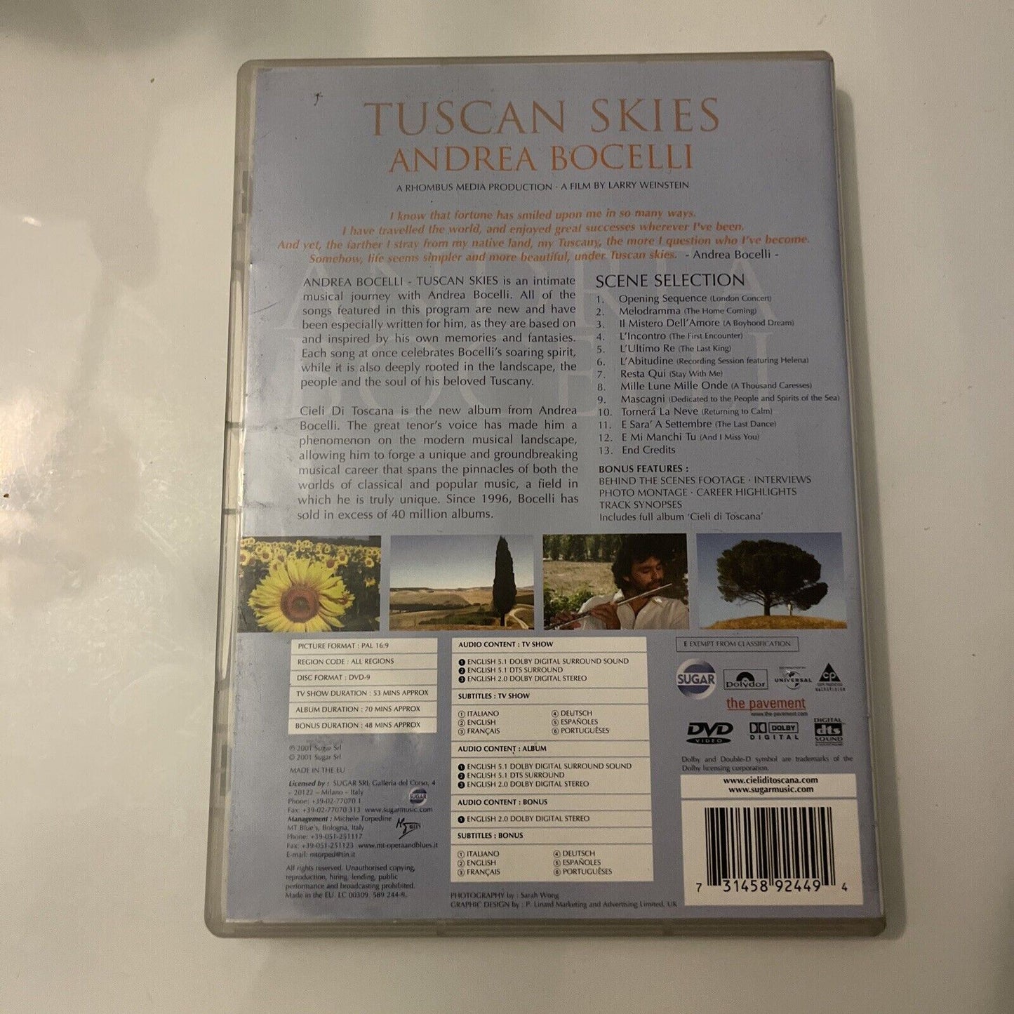 Andrea Bocelli - Tuscan Skies - Cieli Di Toscana (DVD, 2001) All Regions