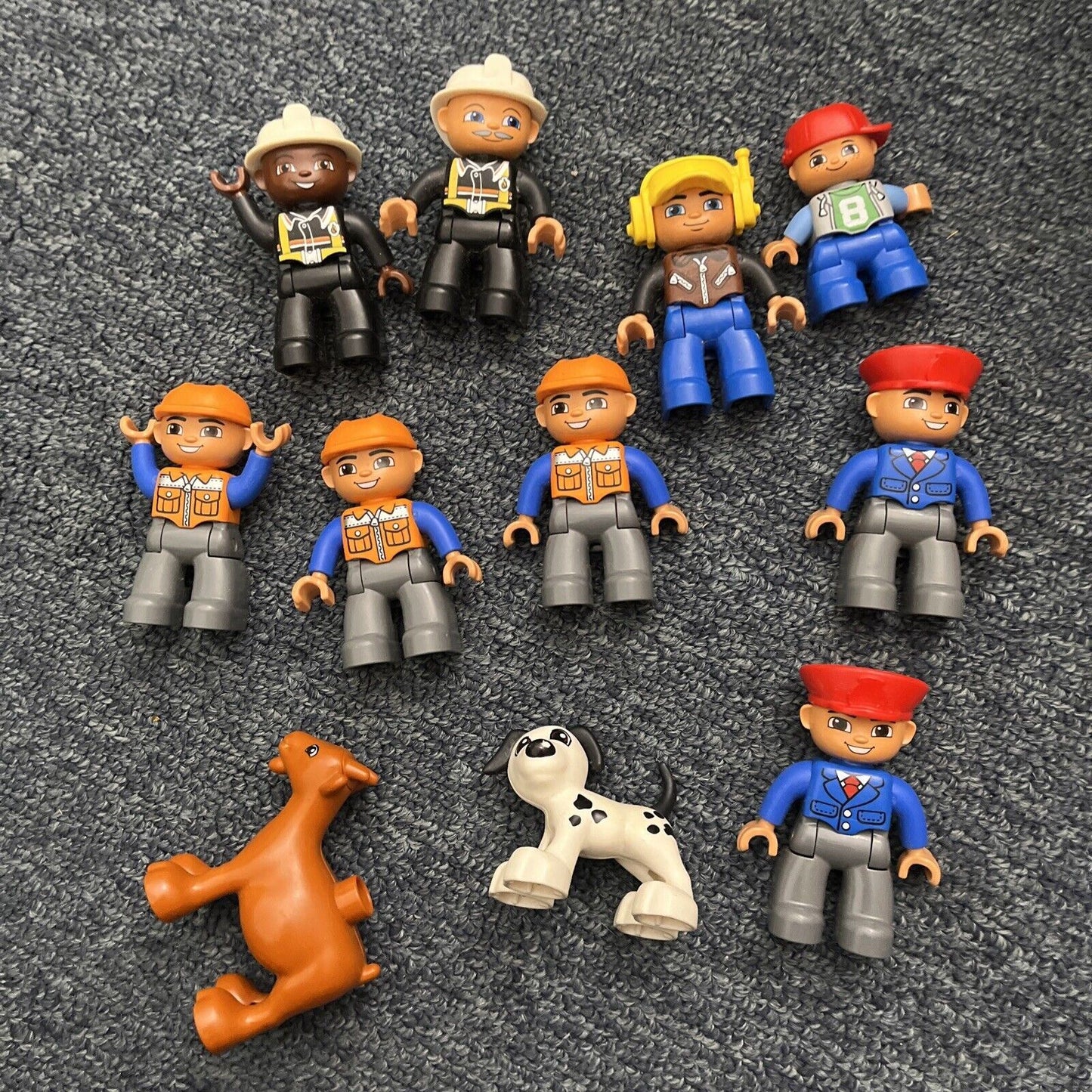 11x Lego Duplo Figure Construction Workers, Boy, Dog, Goat, Train Conductor