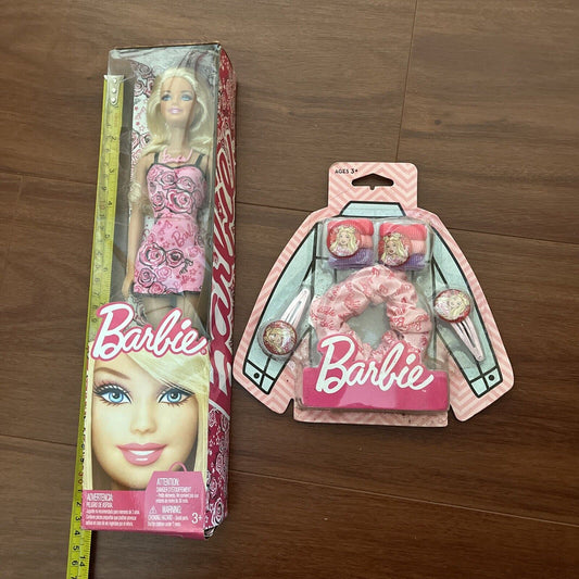 Barbie Doll Rose Print Dress 11" Scrunchie, 2x Hair Clips 6x Hair Ties 2011