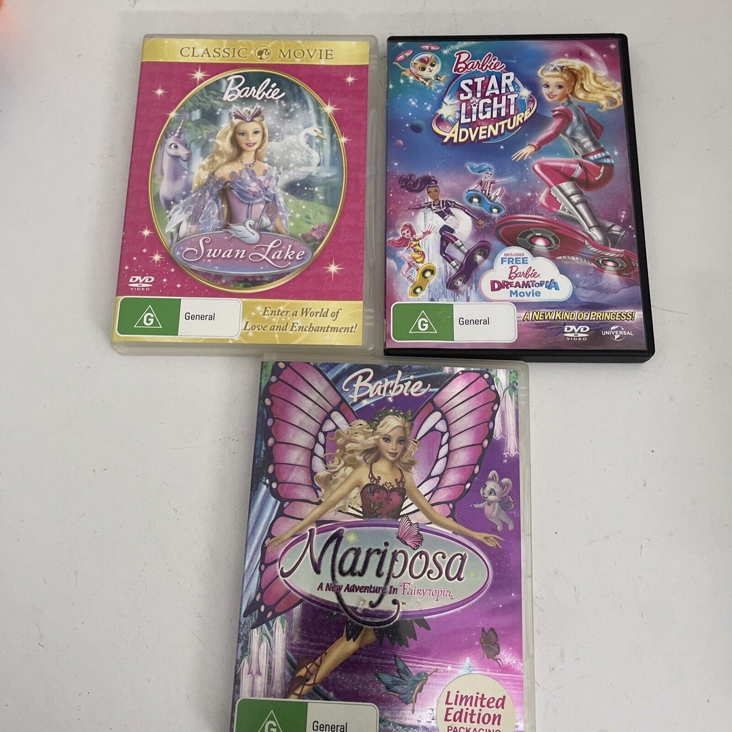 3x Barbie DVD: Starlight Adventure, Swan Lake, Mariposa. Region 4