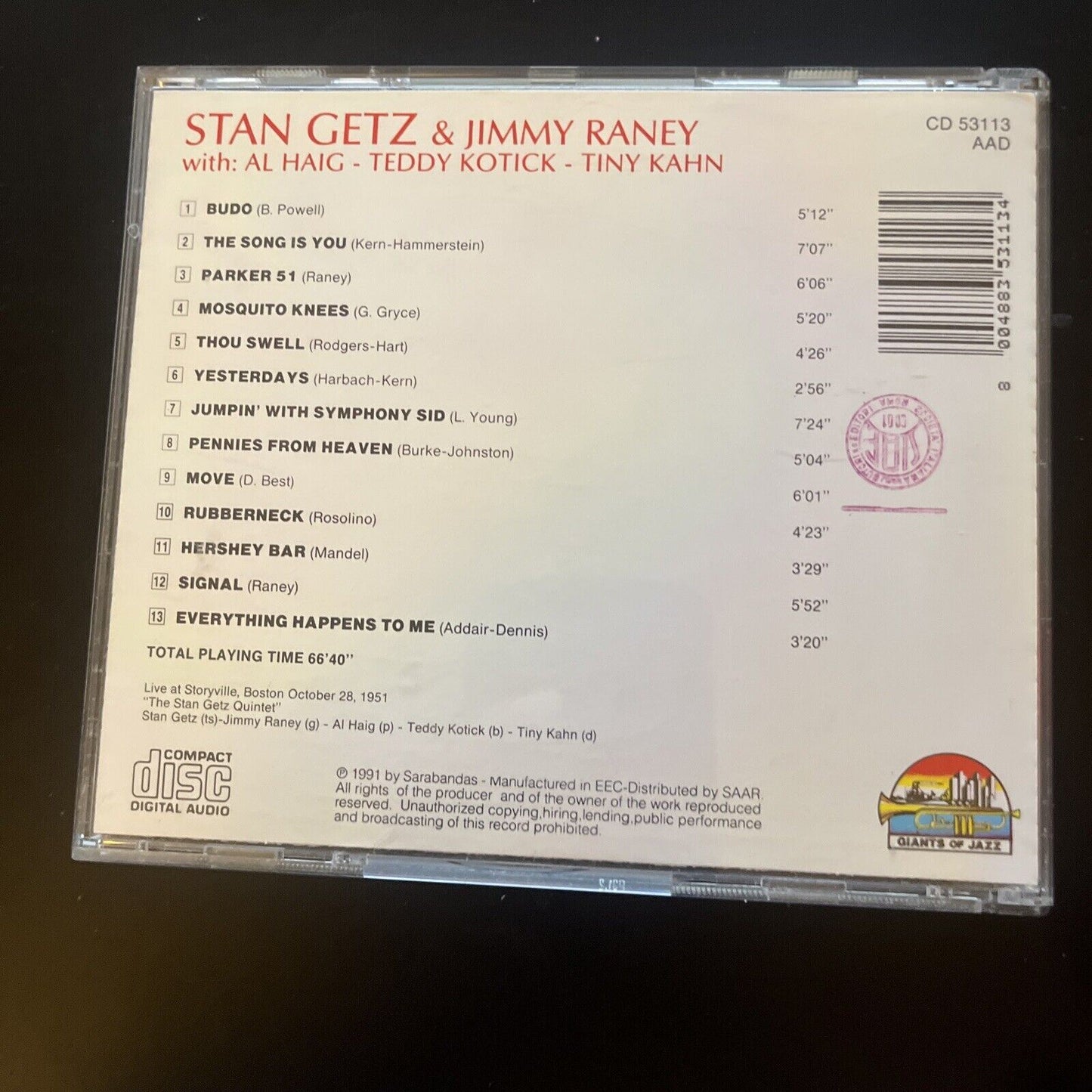 Stan Getz & Jimmy Raney with Al Haig, Teddy Kotick, Tiny Kahn (CD, 1991)