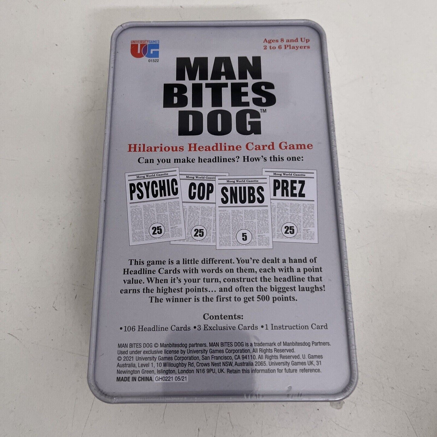 *New Sealed* Man Bites Dog Card Game In a Tin Hilarious Headline