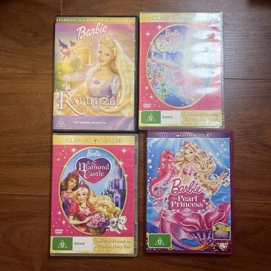 4x Barbie DVDs: Rapunzel / Pearl Princess / Diamond Castle / 12 Dancing Princess