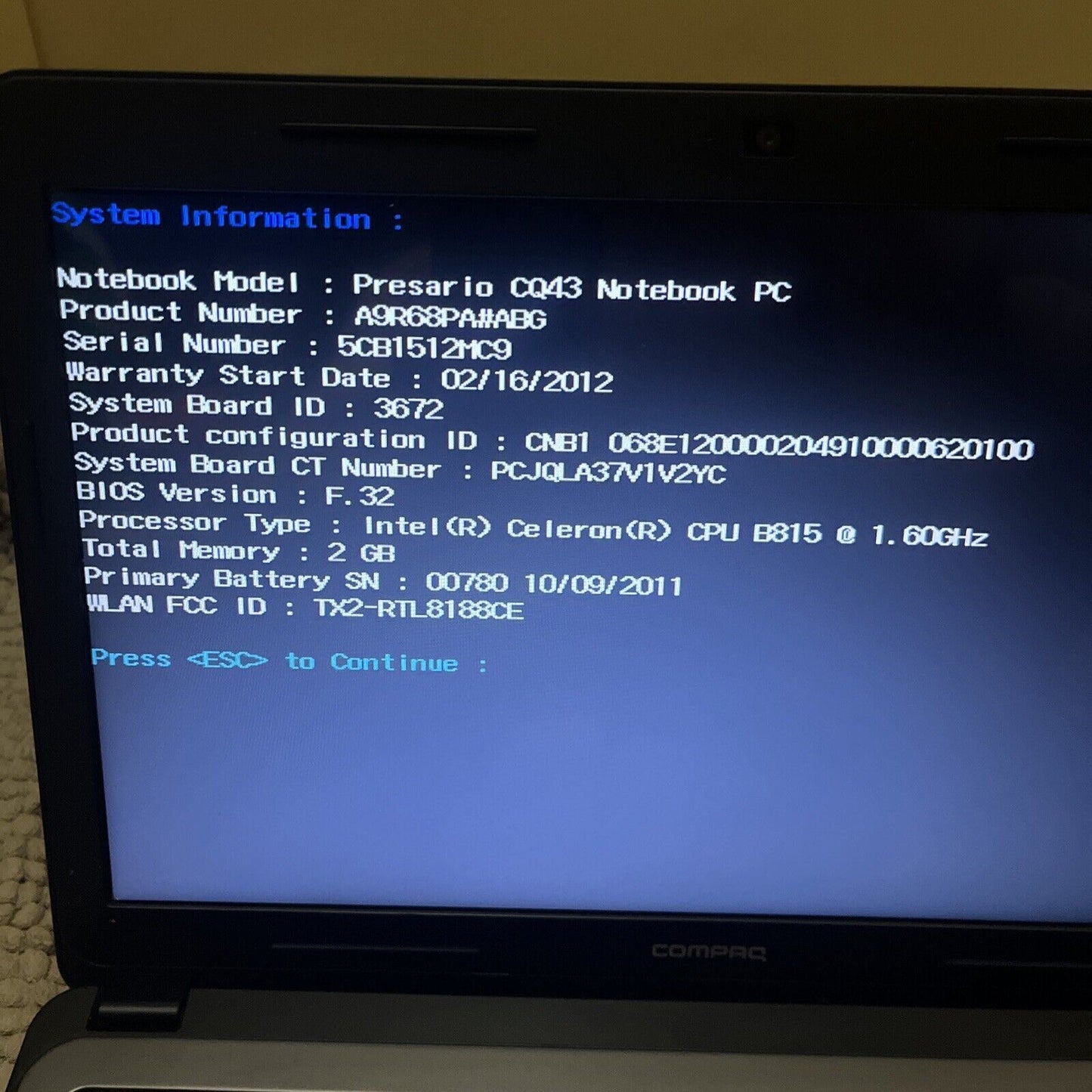 Compaq Presario CQ43 14" Laptop 2GB RAM Intel Celeron B815 1.6Ghz 400gb HDD DVD