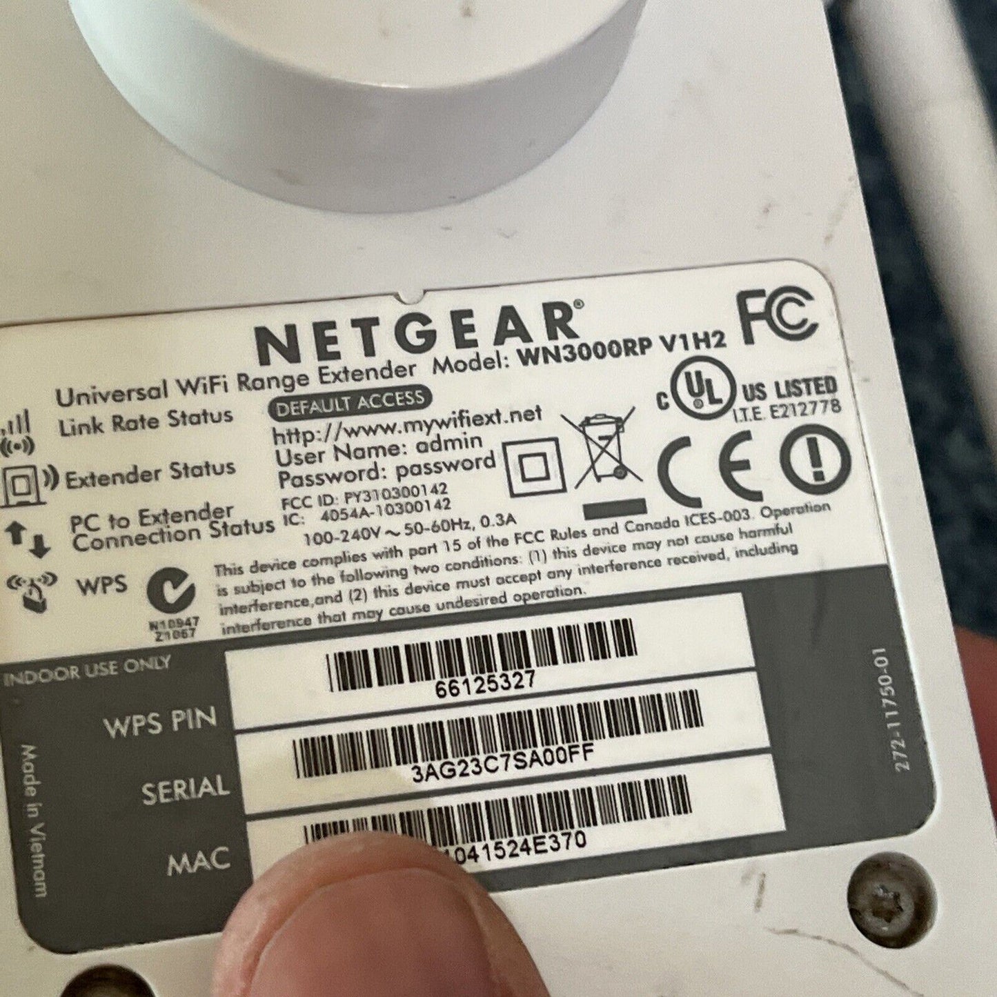 Netgear Universal Wifi Range Extender WN3000RP V1H2