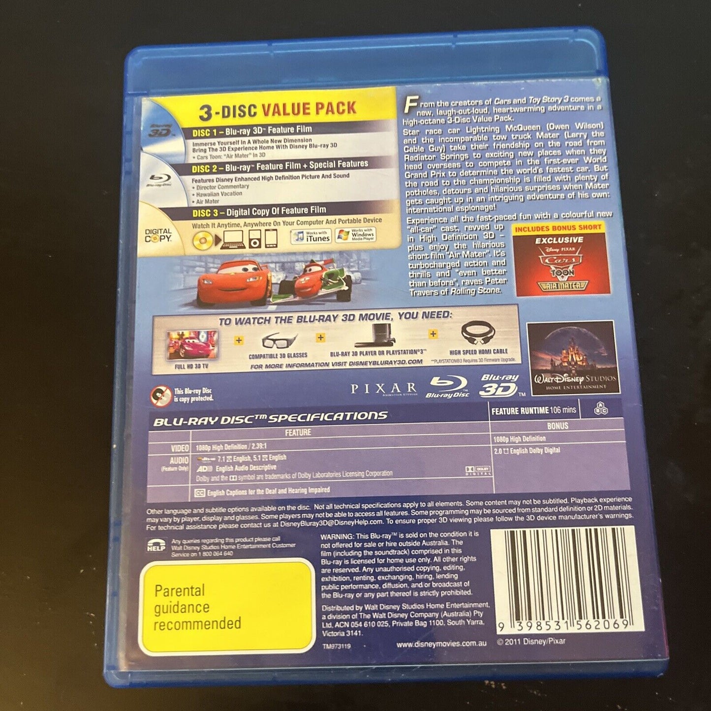 Cars 2 3D  (Blu-ray 3D,  2011, 3-Disc) Owen Wilson, Michael Caine  All Regions