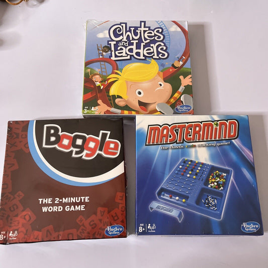 3x Hasbro Mini Board Games: Chutes & Ladders, Boggle, Mastermind *New Sealed*