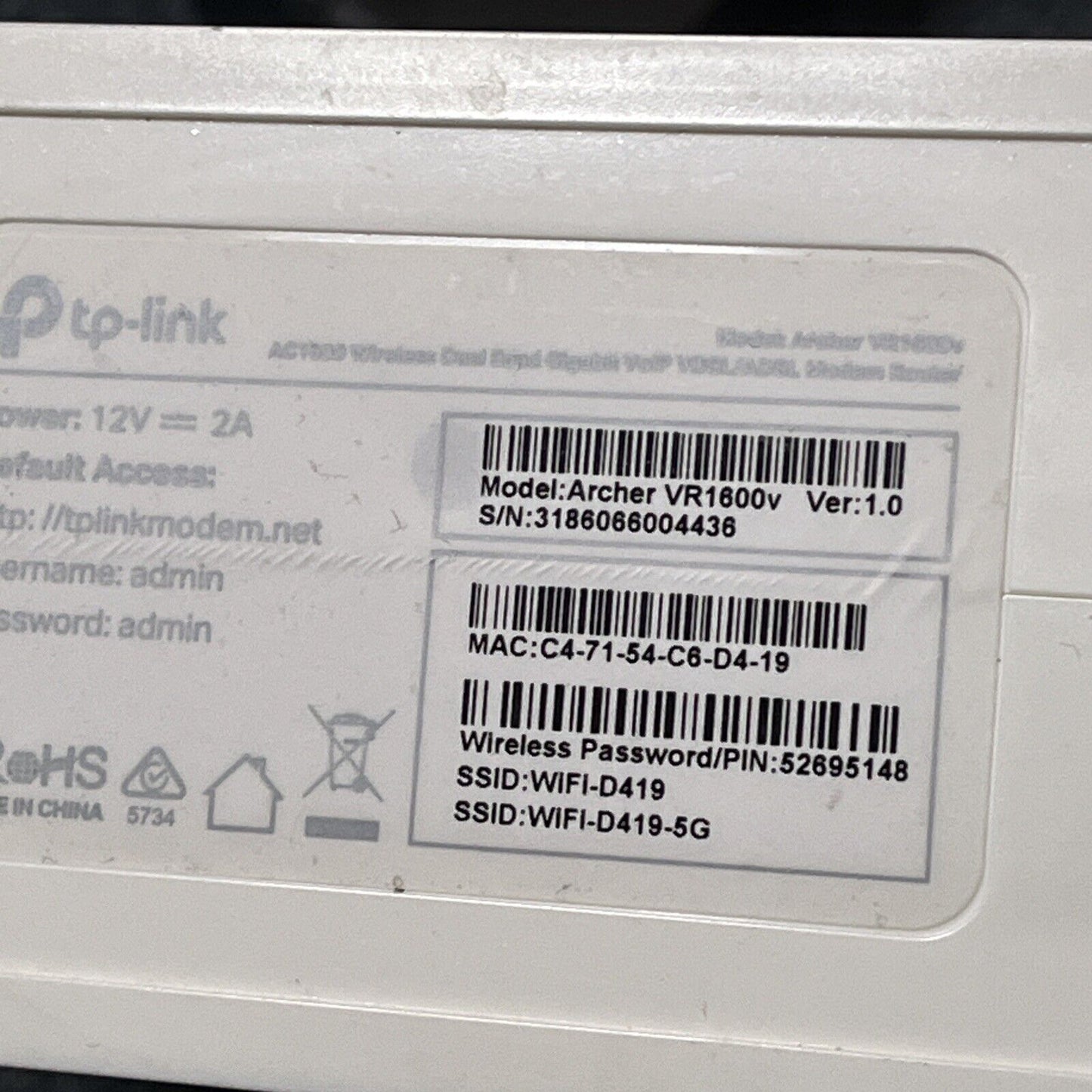 Tp-Link Archer VR1600v AC1600 Wireless VoIP ADSL Modem Router NBN Compatible