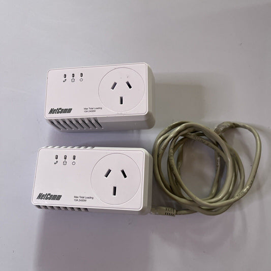2x Netcomm Powerline Adapters NP204 Pass-Through Socket 200mbps