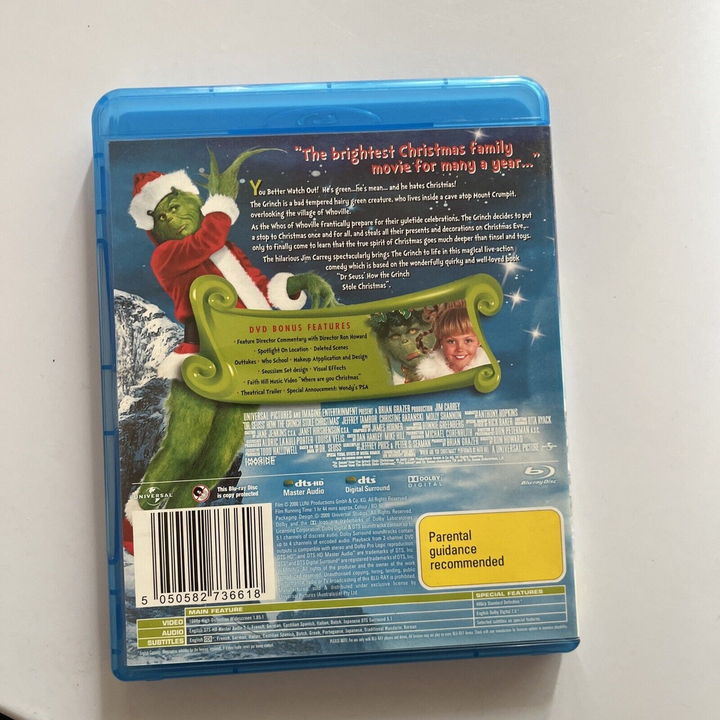 The Grinch Stole Christmas (Blu-ray, 2000) Jim Carrey, Anthony Hopkins Region B