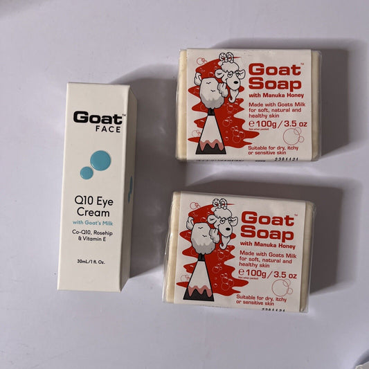 Goat Face Q10 Eye Cream 30mL & 2x Goat Soap With Manuka Honey Made in Australia