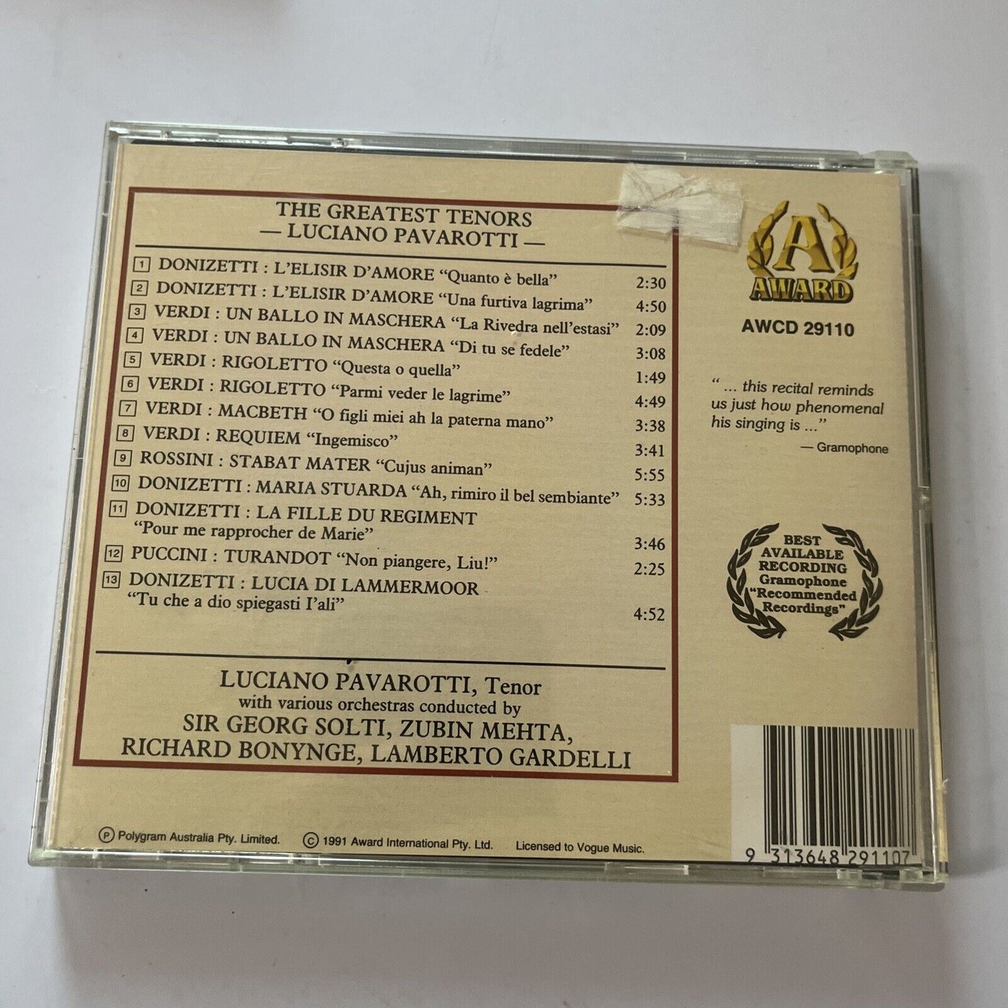 Luciano Pavarotti - The Greatest Tenors - Favourite Arias (CD, 1991)