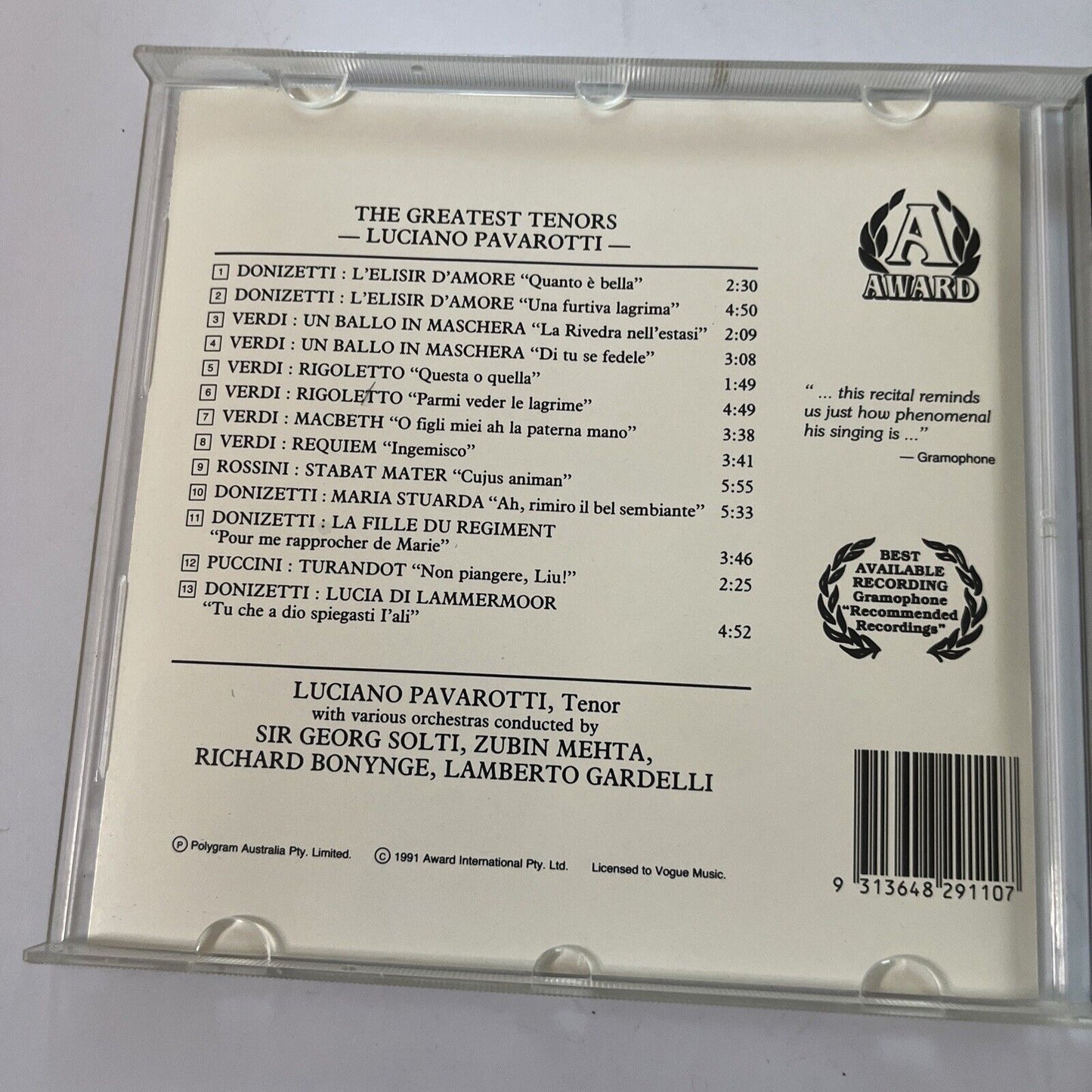 Luciano Pavarotti - The Greatest Tenors - Favourite Arias (CD, 1991)