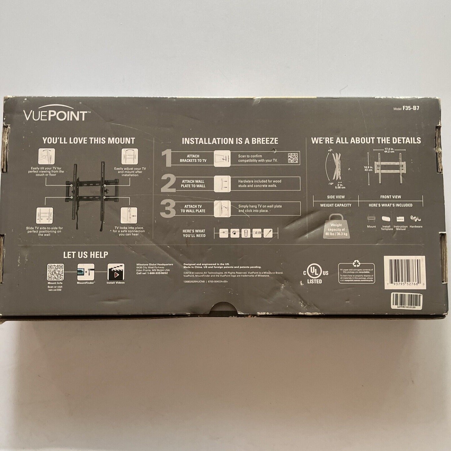 Vuepoint Tilting TV Wall Mount 32-47in 36.3kg Weight Capacity F35-B7