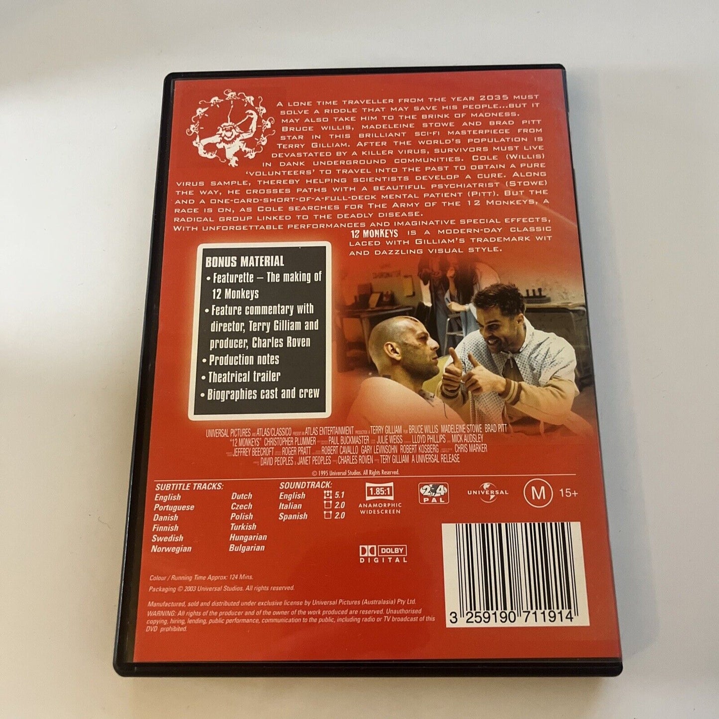 12 Monkeys (DVD, 1995) Bruce Willis, Brad Pitt Region 4