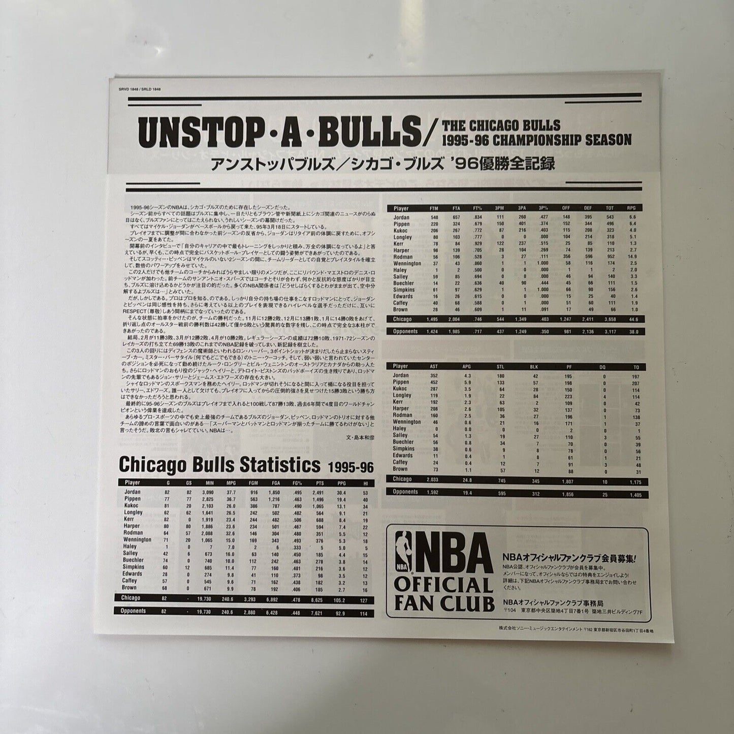 NBA The Chicago Bulls 1995-96 Championship Season Laserdisc Obi NTSC SRLD-1848