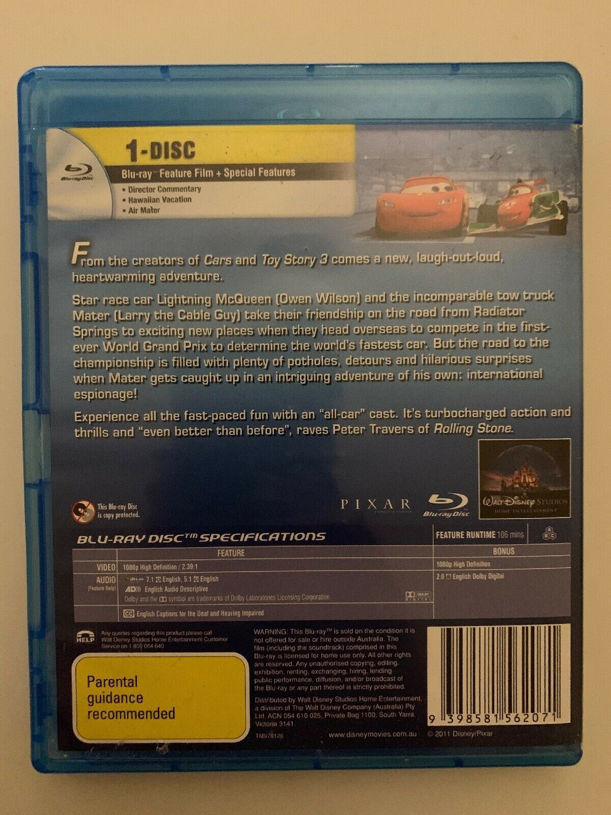Cars 2 (Blu-ray, 2011) Disney Pixar Animation Family Movie. Region B