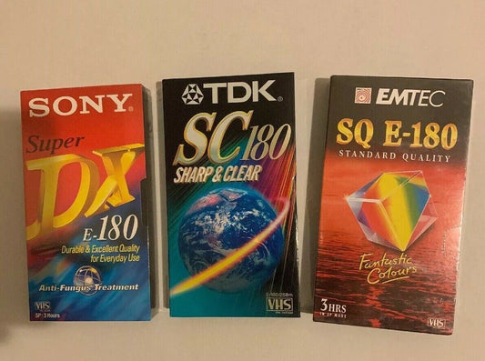 1x Sony SuperDX VHS E-180 1x TDK VHS SC180 1x Emtec SQ E-180 VHS