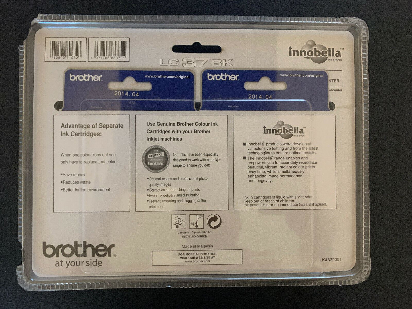 BROTHER LC37BK GENUINE BLACK INK CARTRIDGE DCP-135C DCP-150C MFC-235C MFC-260C
