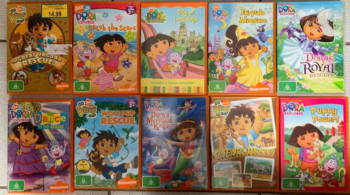 10x Dora The Explorer and Go Diego Go! DVD Collection. Region 4