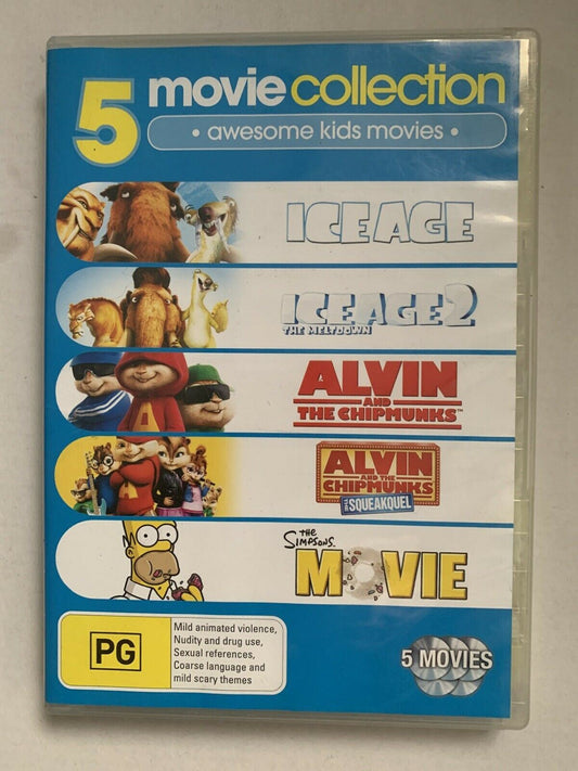 5 Movie DVDs: Ice Age 1&2, Alvin The Chipmunks & The Squeakquel, The Simpsons