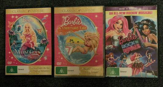 3x Barbie DVD - Mermaidia, A Mermaid Tale, Rock 'N Royals  Region 4