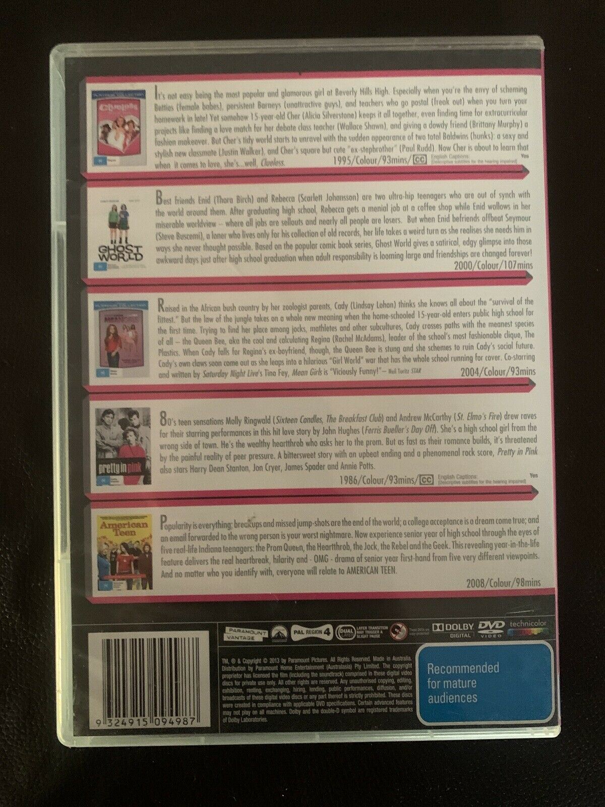American Teen / Clueless / Ghost World / Mean Girls / Pretty in Pink R4 DVD'S