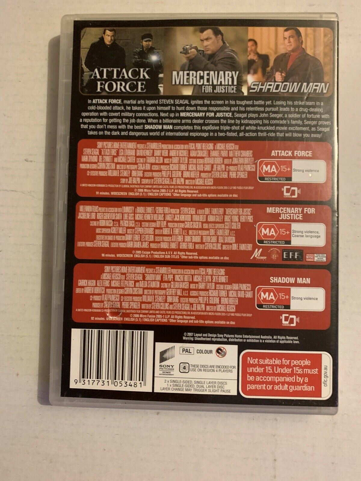 3x Movie Steven Seagal: Attack Force/ Mercenary for Justice/ Shadow Man (DVD)