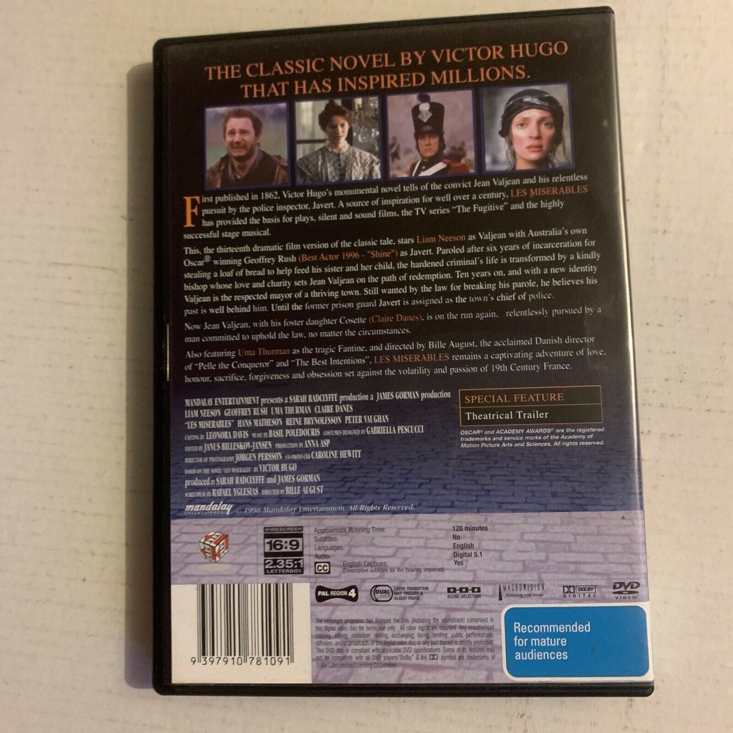 Les Miserables (DVD, 1998) Liam Neeson, Uma Thurman Region 4