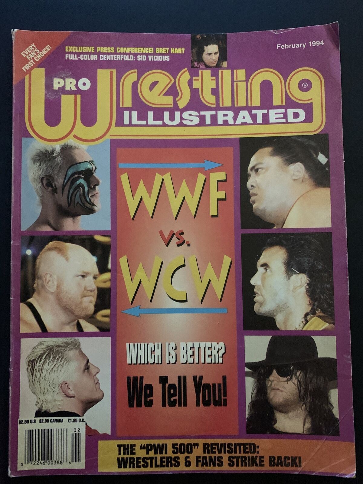 Pro Wrestling Illustrated Magazine February 1994 - Bret Hart, Sid Vicious