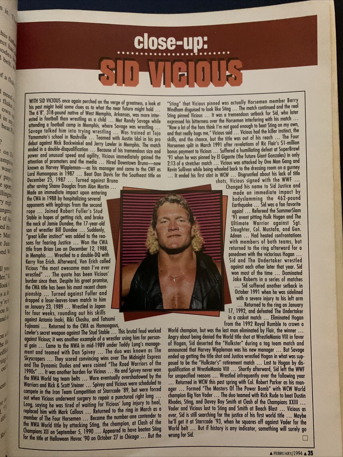 Pro Wrestling Illustrated Magazine February 1994 - Bret Hart, Sid Vicious