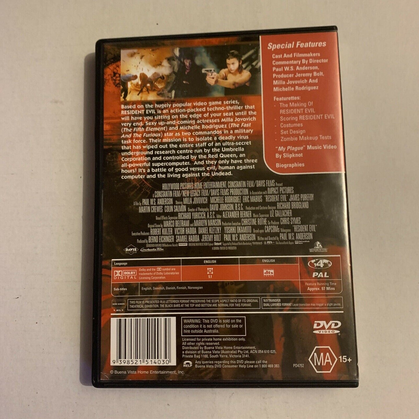 Resident Evil (DVD, 2002) Milla Jovovich, Michelle Rodriguez. Region 4 ...